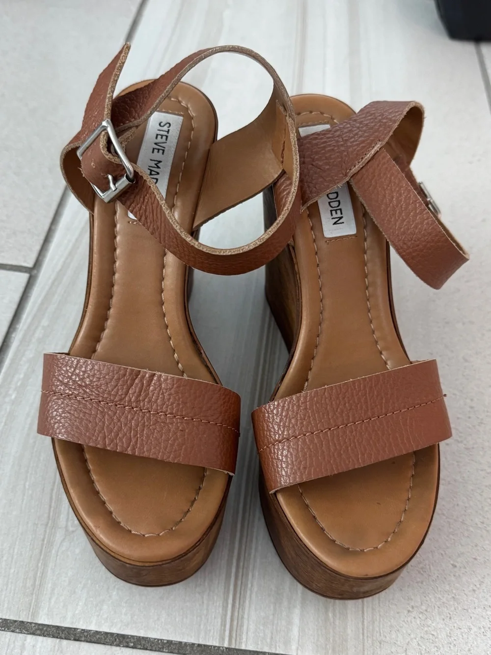 Steve Madden Brown Tan Platform Wedge Sandals with Ankle Strap
